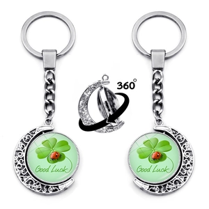 Rotating Moon Four Leaf Clover Keychain Lucky Shamrock Zinc Alloy Glass Charm For Bag Saint Patrick's Day Gift Unisex Jewelry