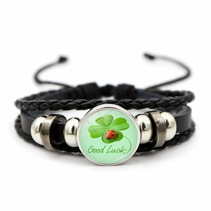 Multi-Layer Braided Leather Bracelet Alloy Glass Cabochon Lucky Four-Leaf Clover Good Luck Retro Unisex Adjustable