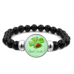 Bracciale Di Perline Quadrifoglio Portafortuna Good Luck Cabochon Di Vetro Tondo Perline In Resina Distanziatori Lega