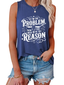 Detail of navy sleeveless top featuring vintage bull skull and slogan print on chest