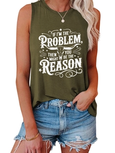 Detail of olive green tank top with steer skull and white text graphic on cotton fabric