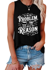 Detail of black tank top featuring white skull graphic and text with denim shorts