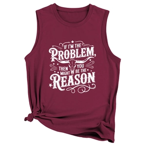 Detail of burgundy cotton tank top featuring a white bull skull print and a stylish side knot