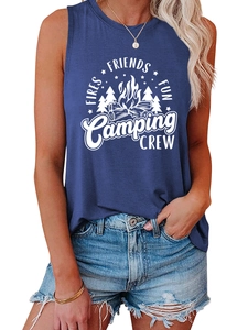 Détail du débardeur de camping bleu foncé avec motif blanc Fires Friends Fun CREW
