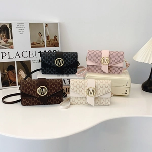 Fashionable PU leather crossbody bags with M pattern in black, pink, brown and beige
