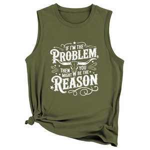Detail of army green tank top with side knot and white skull slogan graphic print