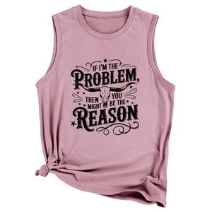 Detail of pink muscle tank top with slogan print and side knot design for women