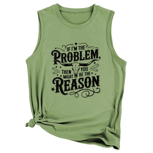 Detail of olive green tank top featuring retro longhorn skull print and text graphic