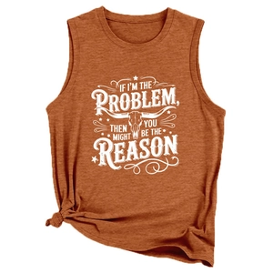 Caramel sleeveless tank top with bull skull graphic and vintage slogan print