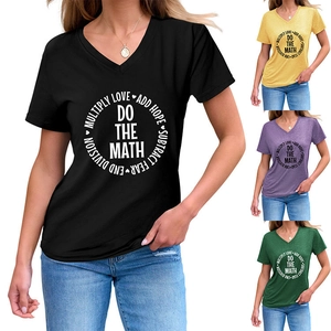 Detail of V-neck T-shirts in black yellow purple and green with Do The Math graphic
