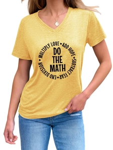 Macro detail of yellow V-neck T-shirt showing DO THE MATH print and knit texture
