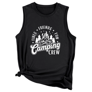 Détail du débardeur de camping noir avec texte Fires Friends Fun et nœud latéral élégant