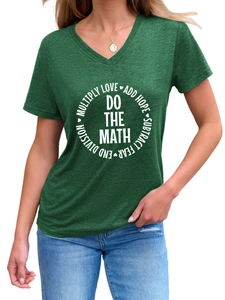 Close-up of green V-neck T-shirt showing white Do The Math circular print and slogans
