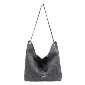 Chic dark gray hobo shoulder bag with black polka heart pattern and satin bow detail