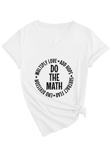 Detail of V-neck white cotton T-shirt with black graphic print and stylish side knot hem