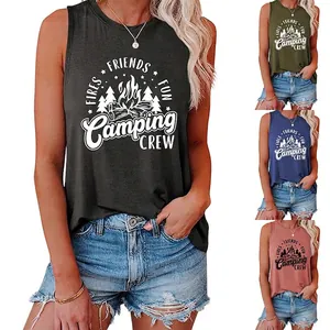 Débardeur Femme Chemise Sans Manches Mélange De Coton Col Rond Imprimé Graphique Camping Crew Mode Plein Air Gilet