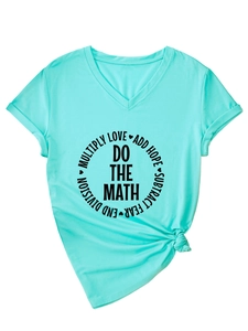 Detail view of V-neck mint green t-shirt with DO THE MATH text and stylish knotted hem