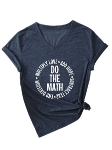 Detail of V-neck dark blue heather T-shirt with white Do The Math circular graphic print