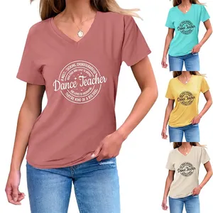 T-Shirt Da Donna Con Scollo A V Maniche Corte Misto Cotone Dance Teacher Stampa Grafica Top Casual Larghi