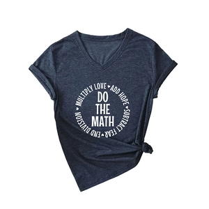 Navy blue V-neck T-shirt for women with DO THE MATH white print and knotted hem