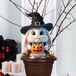 Detail of Halloween rabbit garden stake with witch hat and pumpkin in a pot