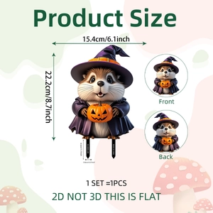 Halloween hamster garden stake dimensions 8.7x6.1 inch, 2D PVC purple wizard pumpkin decor