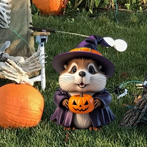 Creative Halloween garden stake featuring a cute hamster wizard with a pumpkin lantern