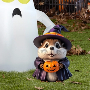 Halloween inflatable garden decor featuring a hamster wizard with pumpkin and white ghost