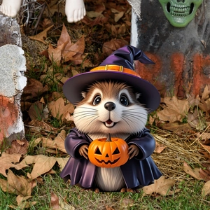 Halloween hamster garden stake in purple witch costume holding orange pumpkin lantern