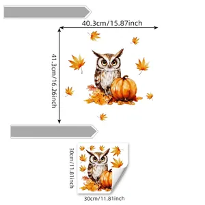 Autumn owl pumpkin and maple leaf static window stickers set with size dimensions