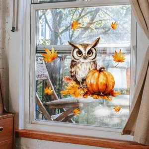 Autumn static window clings set featuring watercolor owl, pumpkin and maple leaves decor