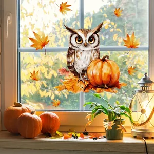 Autumn static window clings featuring watercolor owl, pumpkin and vibrant maple leaves decor