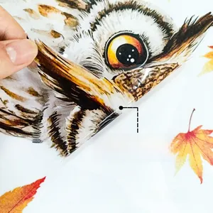 Detail of owl window sticker showing double-sided watercolor patterns and static film material
