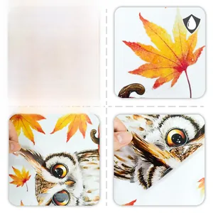 Detail showing waterproof double-sided owl and maple leaf static window stickers