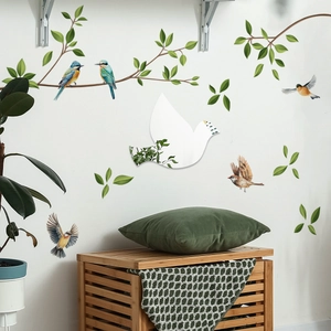 Creatieve vogel tak muurstickers met duifvormige acryl spiegel voor slaapkamer decoratie