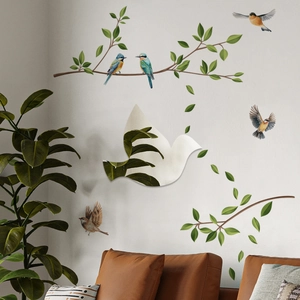 Creatieve Handgeschilderde Vogels Boomtak Muurstickers Met Spiegelvogel Acryl PVC Zelfklevende Decals Voor Woonkamer Slaapkamer Home Decor