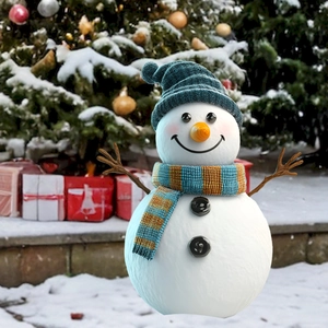 Close-up of PVC snowman with blue knit hat and scarf for festive garden decoration
