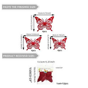 12-delige set 3D vlinder muurstickers in rood met spiegeleffect en holle details