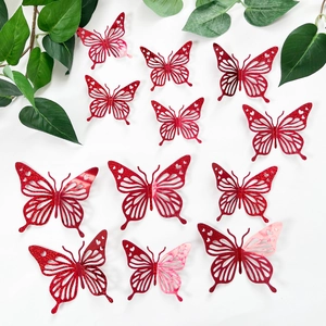 Set van 12 rode holle 3D-vlinders met glitter voor wanddecoratie in de woonkamer