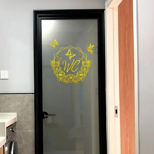 Self-adhesive floral butterfly WC door sticker in yellow for bathroom glass decor