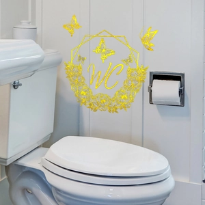 Golden floral hexagon WC wall decal with butterflies for bathroom decor applications