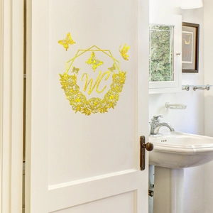 Golden WC Sign Sticker Butterfly Flower Metallic Mirror Self Adhesive Door Sticker For Bathroom Toilet Home Wall Decor