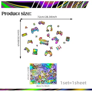 Holographic gaming wall decals with controller and headset, size 72x53cm for game room