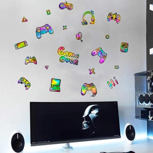 Rainbow gradient gaming wall decals featuring controller and headset for room decor