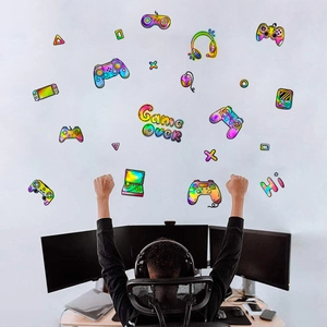 Rainbow gradient game controller wall decals for gaming room decor in a lifestyle setup