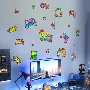 Laser Holographic Game Controller Wall Stickers Rainbow Wall Decals For Gaming Room Bedroom Decor Removable PVC Gamer Art
