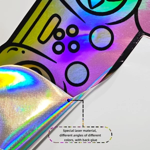 Macro detail of laser rainbow gaming controller wall sticker with self-adhesive backing