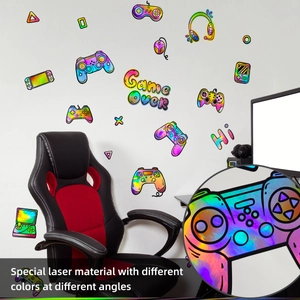 Macro detail of laser iridescent game controller wall sticker showing color-changing texture