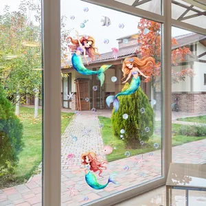 Mermaid window decals for glass doors with colorful fish and sea life bubble decorations