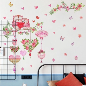 Valentine's Day heart owl wall decals for kids' bedroom decoration with floral motifs